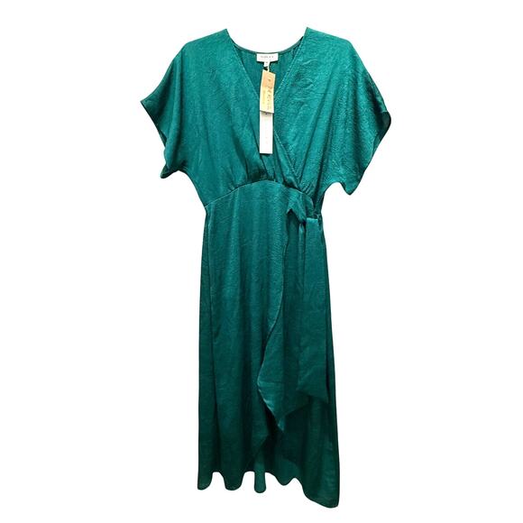 Gilli Satin Look Emerald Green Faux Wrap Midi Dress Size M New With Tags - Picture 3 of 7
